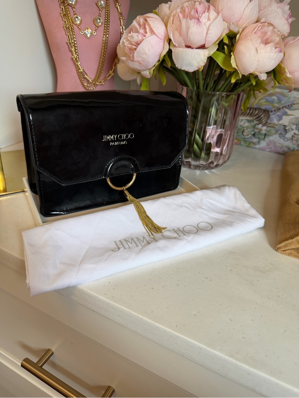 Jimmy Choo Parfums Black Patent Leather Clutch with Gold Tassel Ring Dust Bag